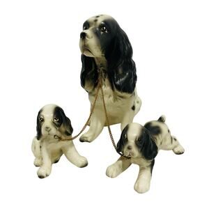 Vintage Mid Century Mama Dog & Puppies Ceramic Figurines Signed Japan Spaniels